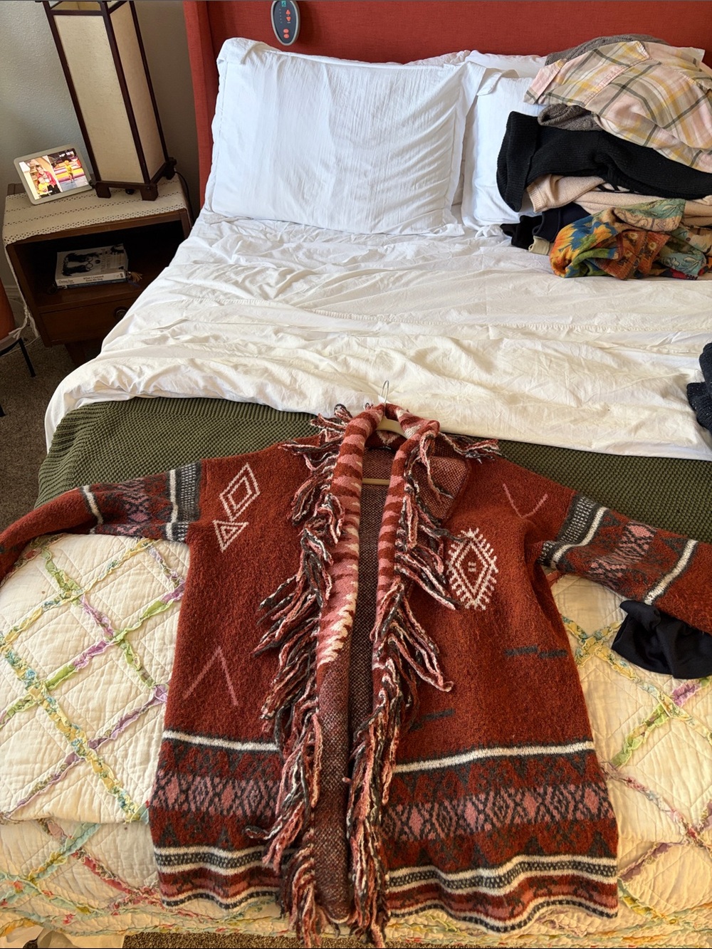 New Cowichan Native Print Fringed Blanket Cardigan Sweater Western